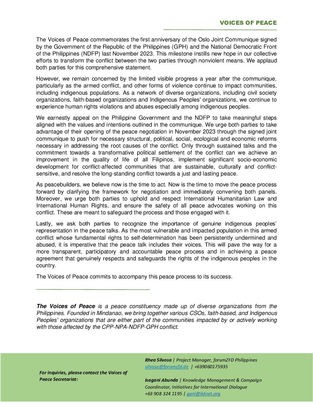 Statement of Voices of Peace on the first anniversary of the Oslo Joint Communique signed by the Government of the Republic of the Philippines (GPH) and the National Democratic Front of the Philippines (NDFP)